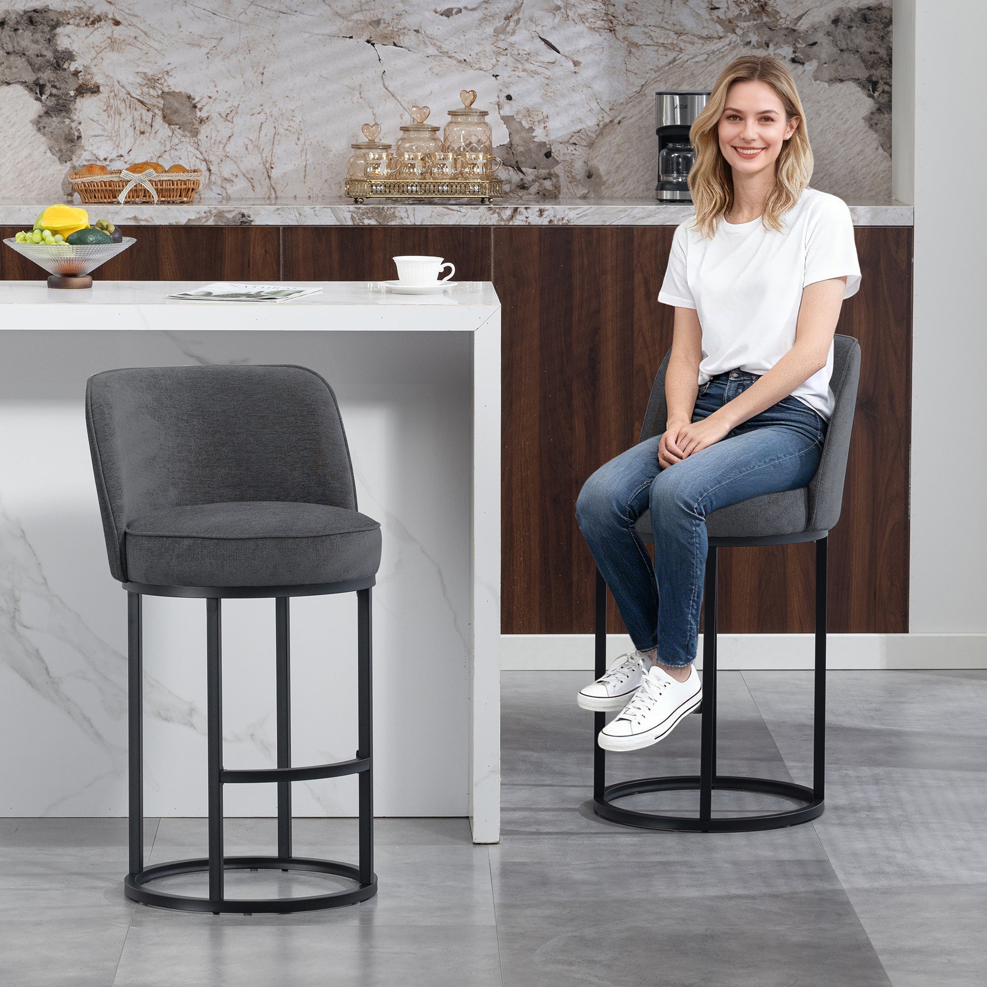 Gray Linen Bar Stools Set of 2 - Kitchen Island Seating for Living Room