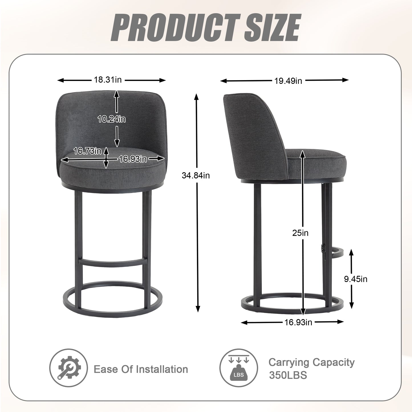Gray Linen Bar Stools Set of 2 - Kitchen Island Seating for Living Room