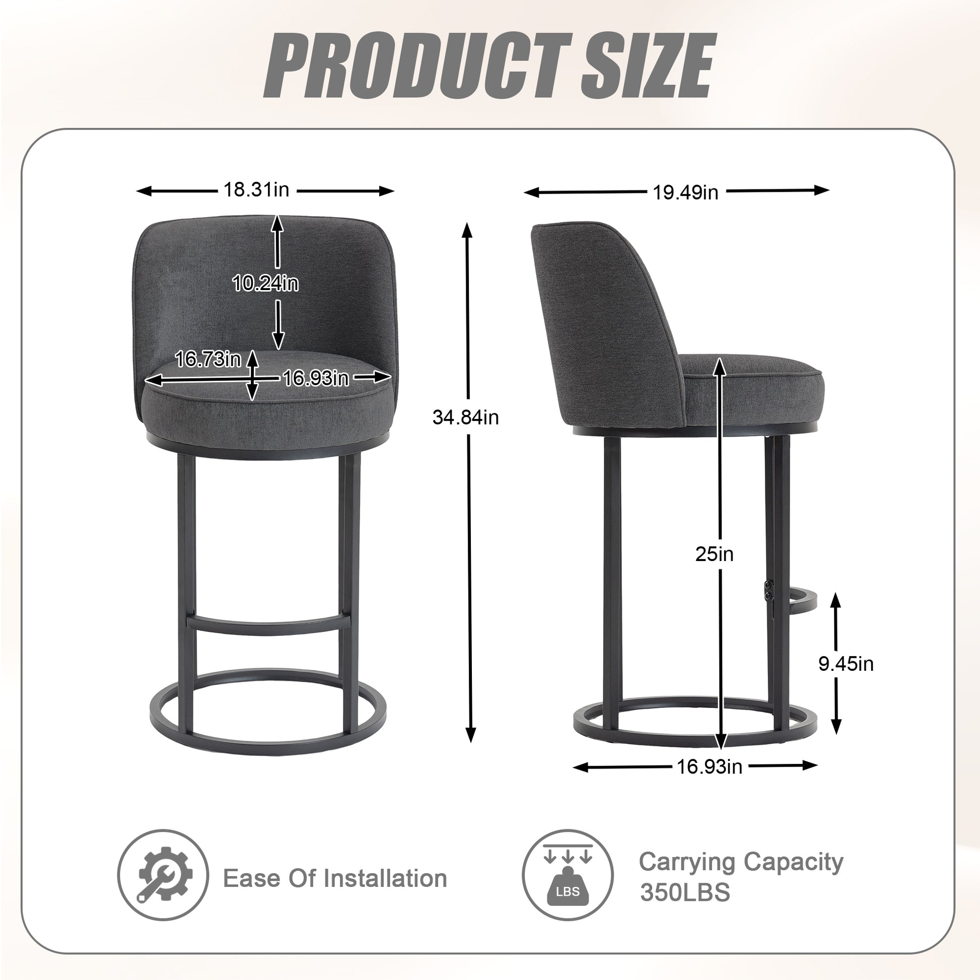 Gray Linen Bar Stools Set of 2 - Kitchen Island Seating for Living Room