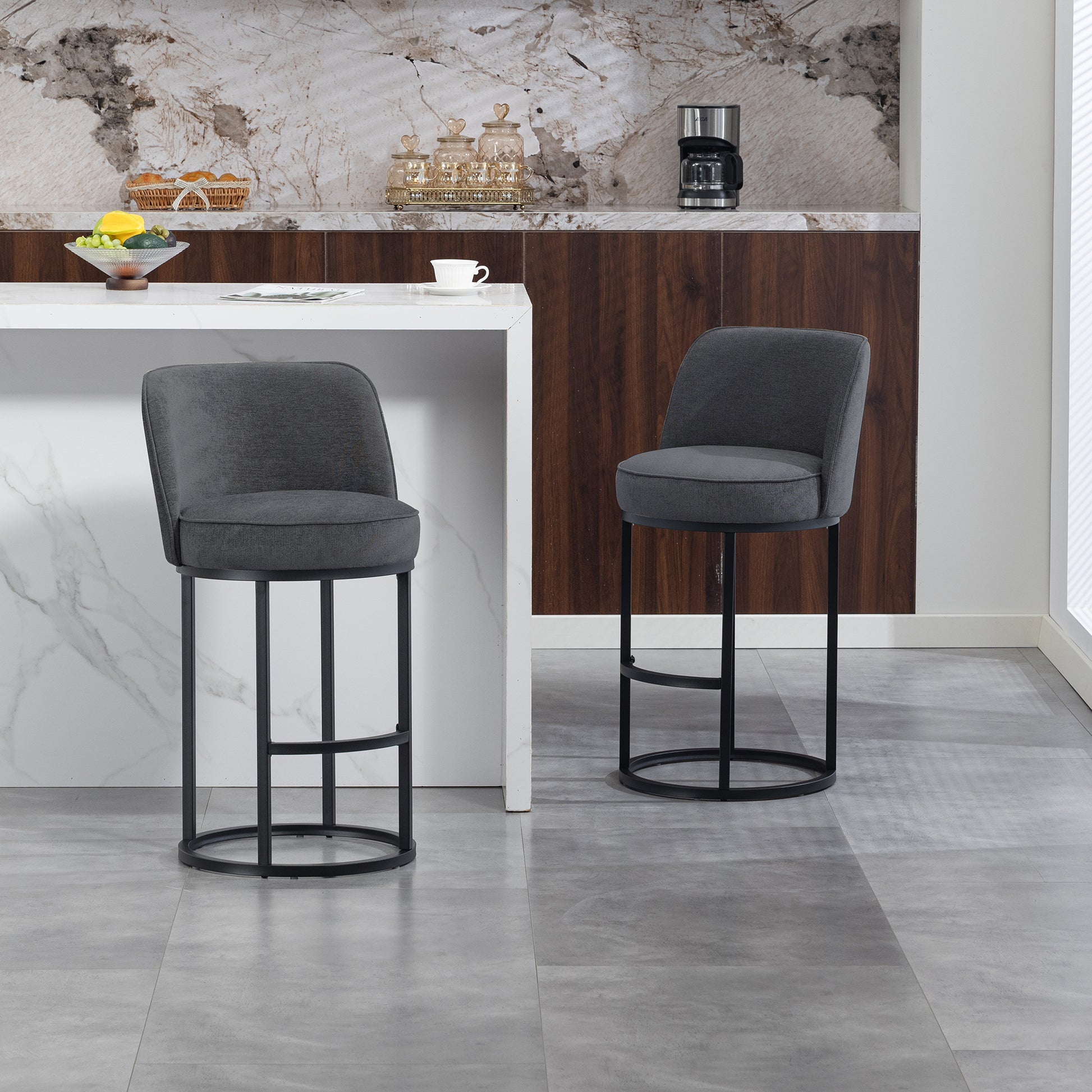 Gray Linen Bar Stools Set of 2 - Kitchen Island Seating for Living Room