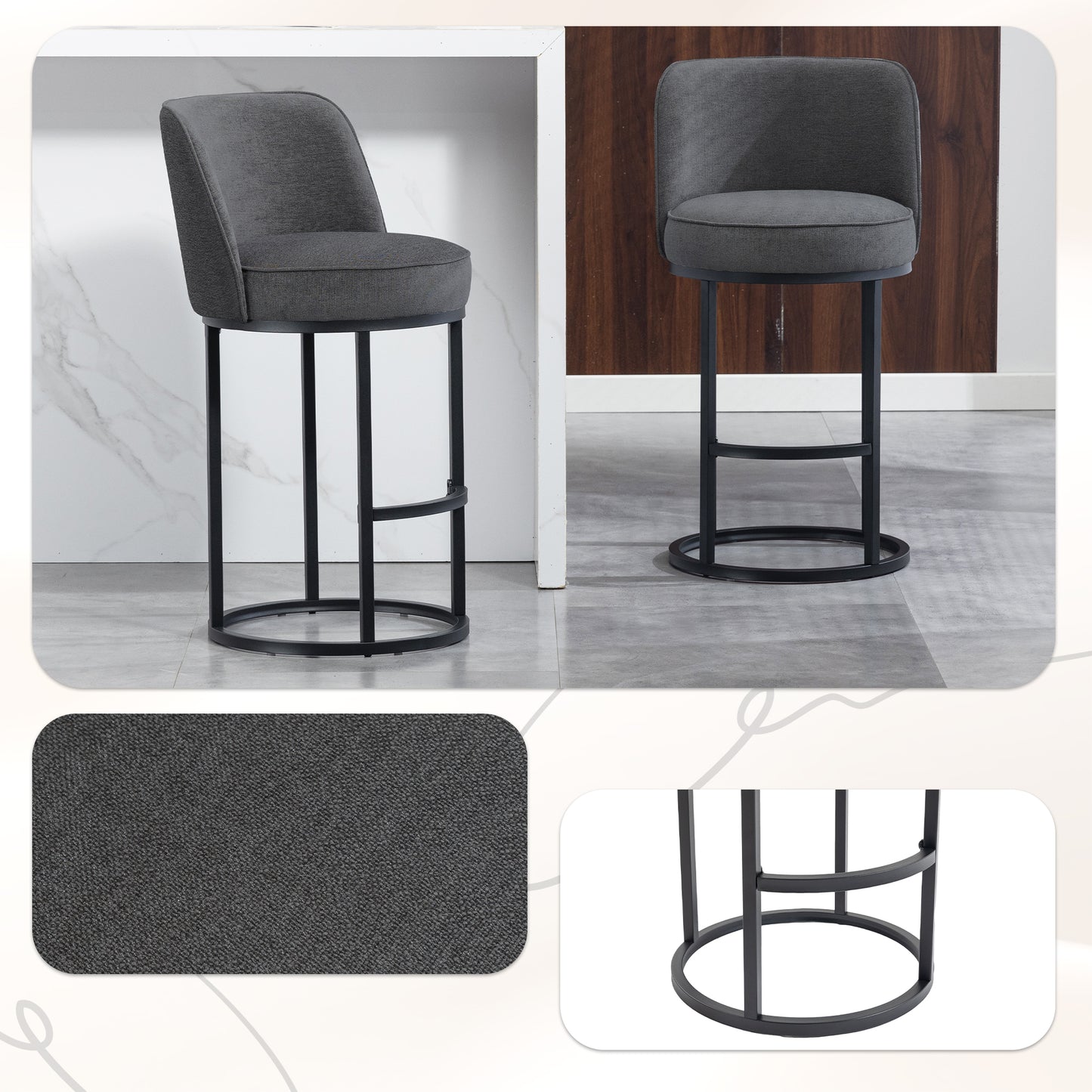Counter Height Bar Stools Set of 2, Modern Barrel Counter Stools with Backrest, Linen Fabric Upholstered Accent Bar Stools for Kitchen Island