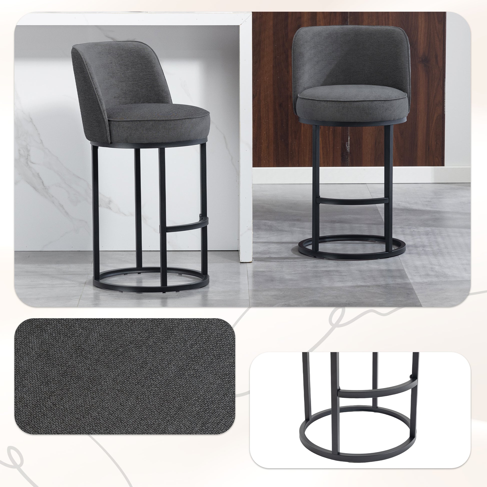 Counter Height Bar Stools Set of 2, Modern Barrel Counter Stools with Backrest, Linen Fabric Upholstered Accent Bar Stools for Kitchen Island