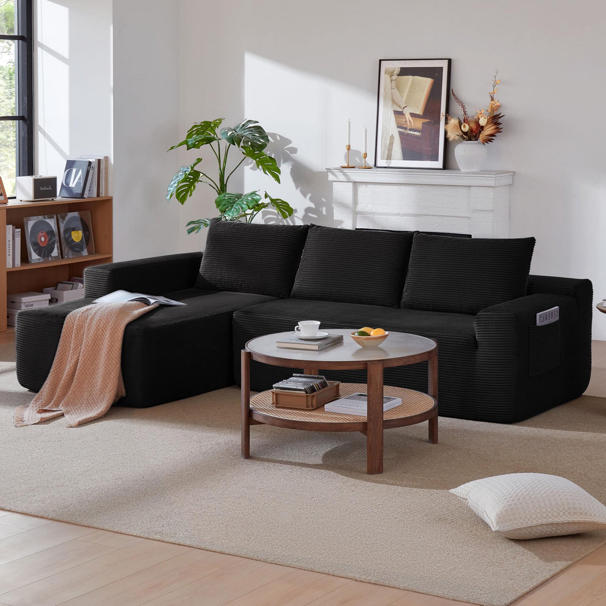 96.9" Cloud Sectional Couch with L-Shape Chaise,Modern Modular Sofa with Deep Seat, Upholstered Couches for Living Room Bedroom,No Assembly Required, (Corduroy Fabric),Black