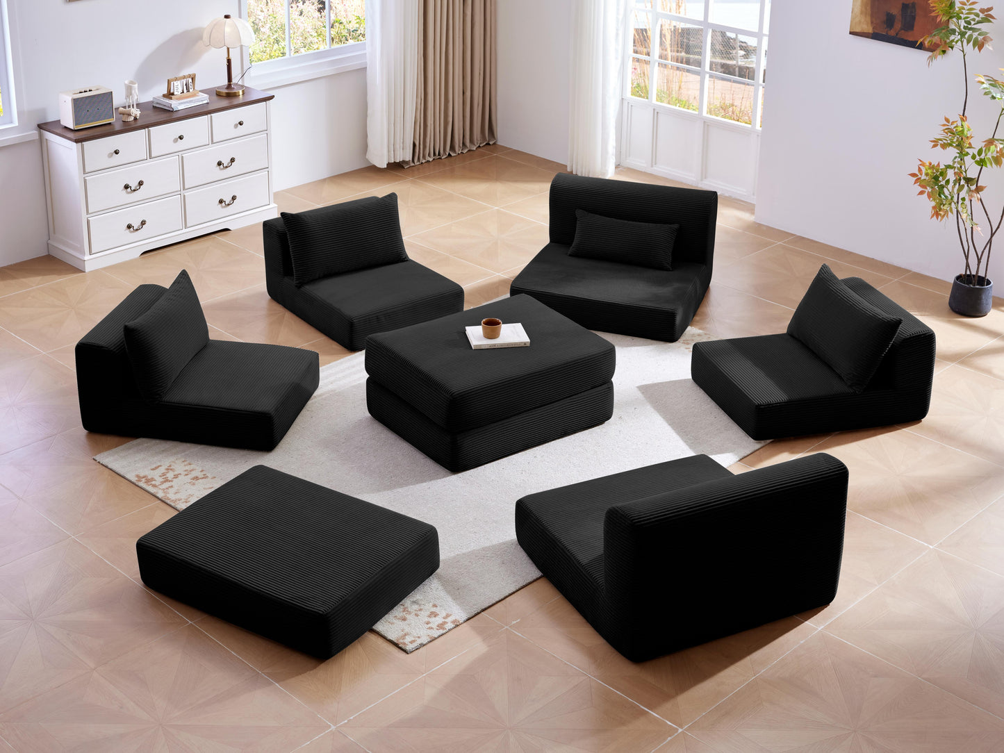 Upholstered Sectional Sofa Couch Set,Modular 100" L Shaped Floor Living Room Sofa Set With 5 Pillows,DIY Combination Sofa Couch for living rooms, apartments,bedrooms,Black