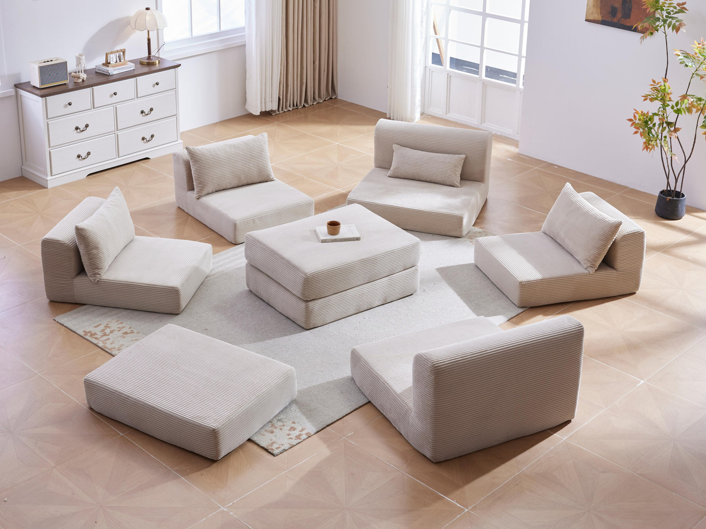 Upholstered Sectional Sofa Couch Set,Modular 100" L Shaped Floor Living Room Sofa Set With 5 Pillows,DIY Combination Sofa Couch for living rooms, apartments,bedrooms,Camel