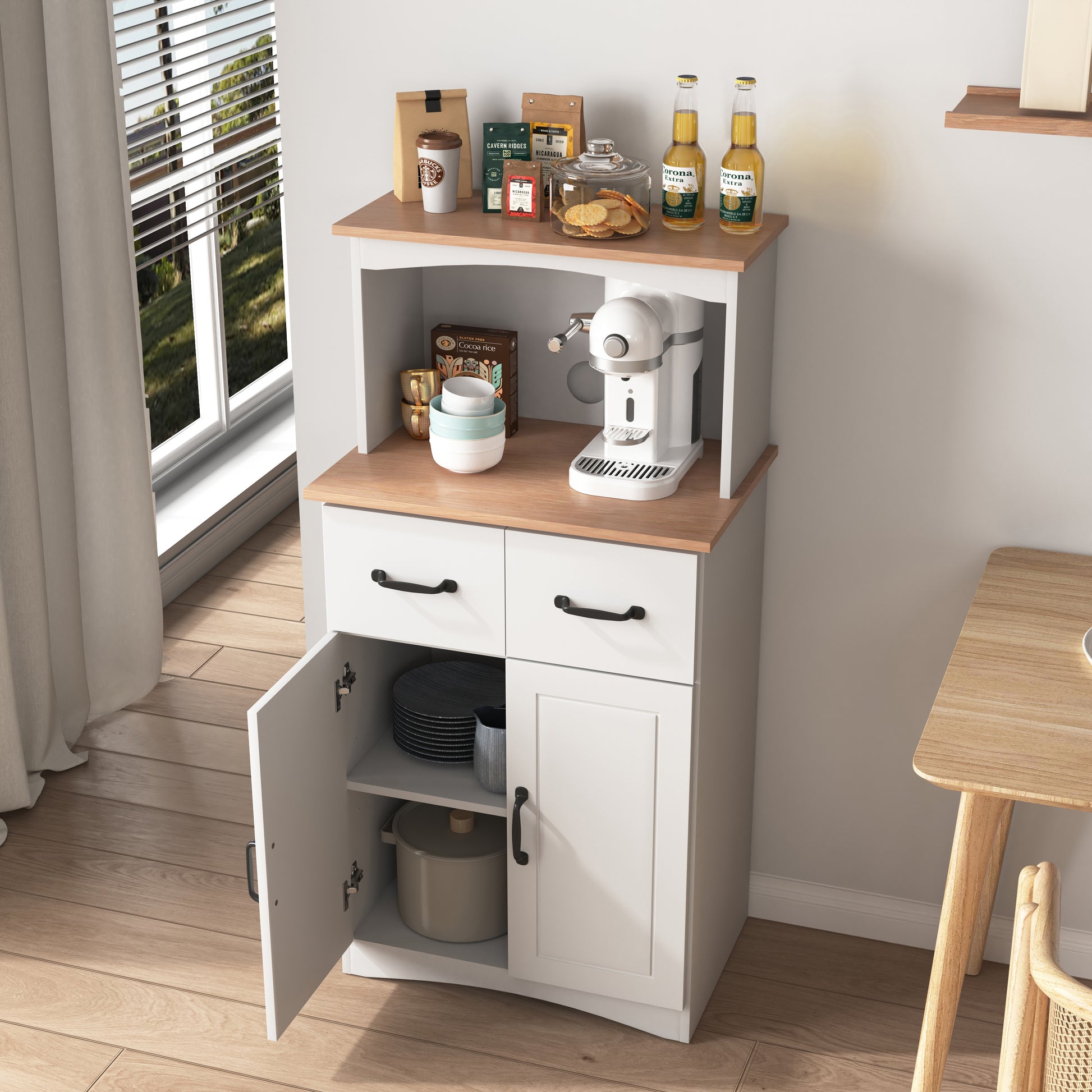 White Kitchen Pantry Cabinet with Microwave Stand - MDF Storage for Dining Room