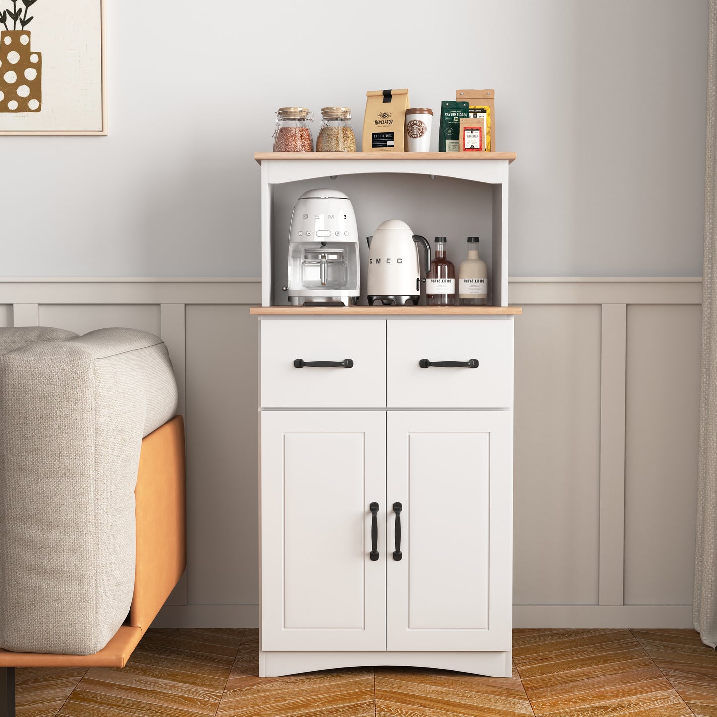 White Kitchen Pantry Cabinet with Microwave Stand - MDF Storage for Dining Room