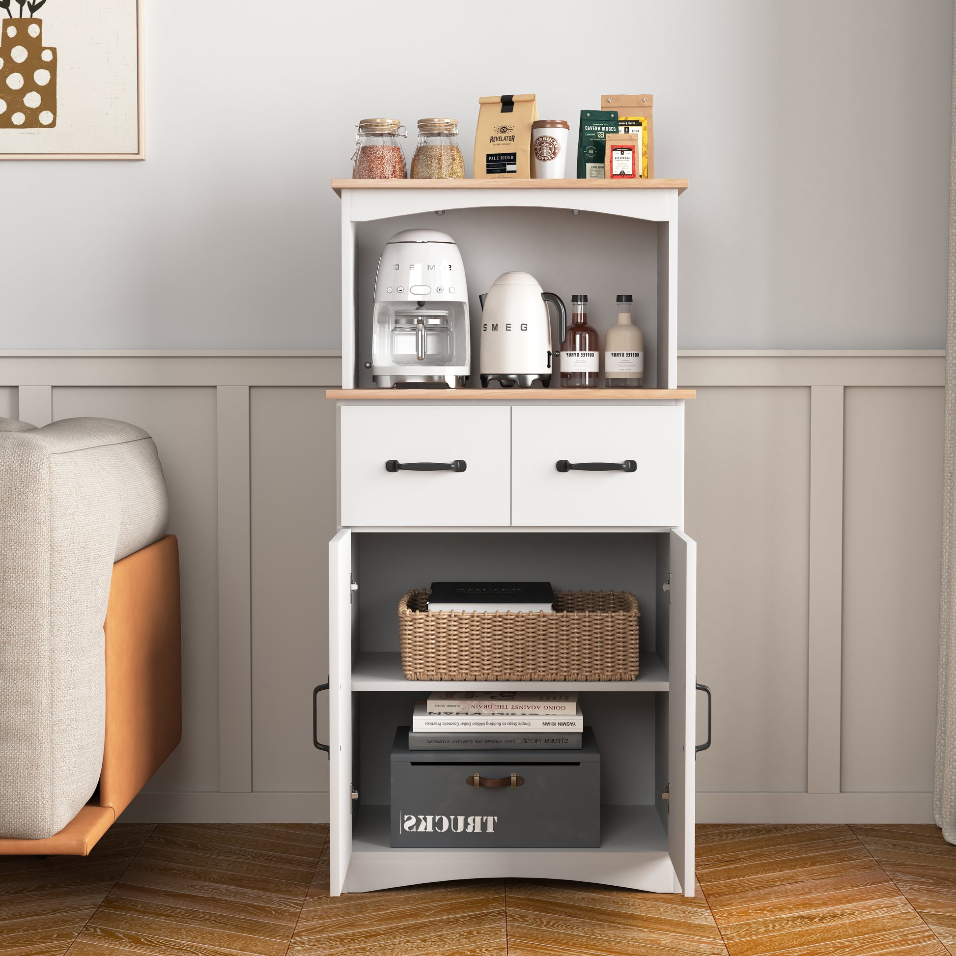 White Kitchen Pantry Cabinet with Microwave Stand - MDF Storage for Dining Room