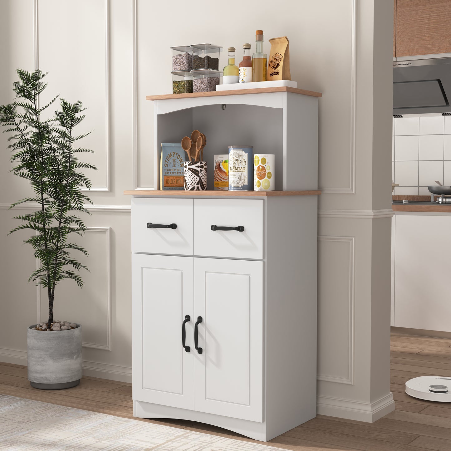 White Kitchen Pantry Cabinet with Microwave Stand - MDF Storage for Dining Room