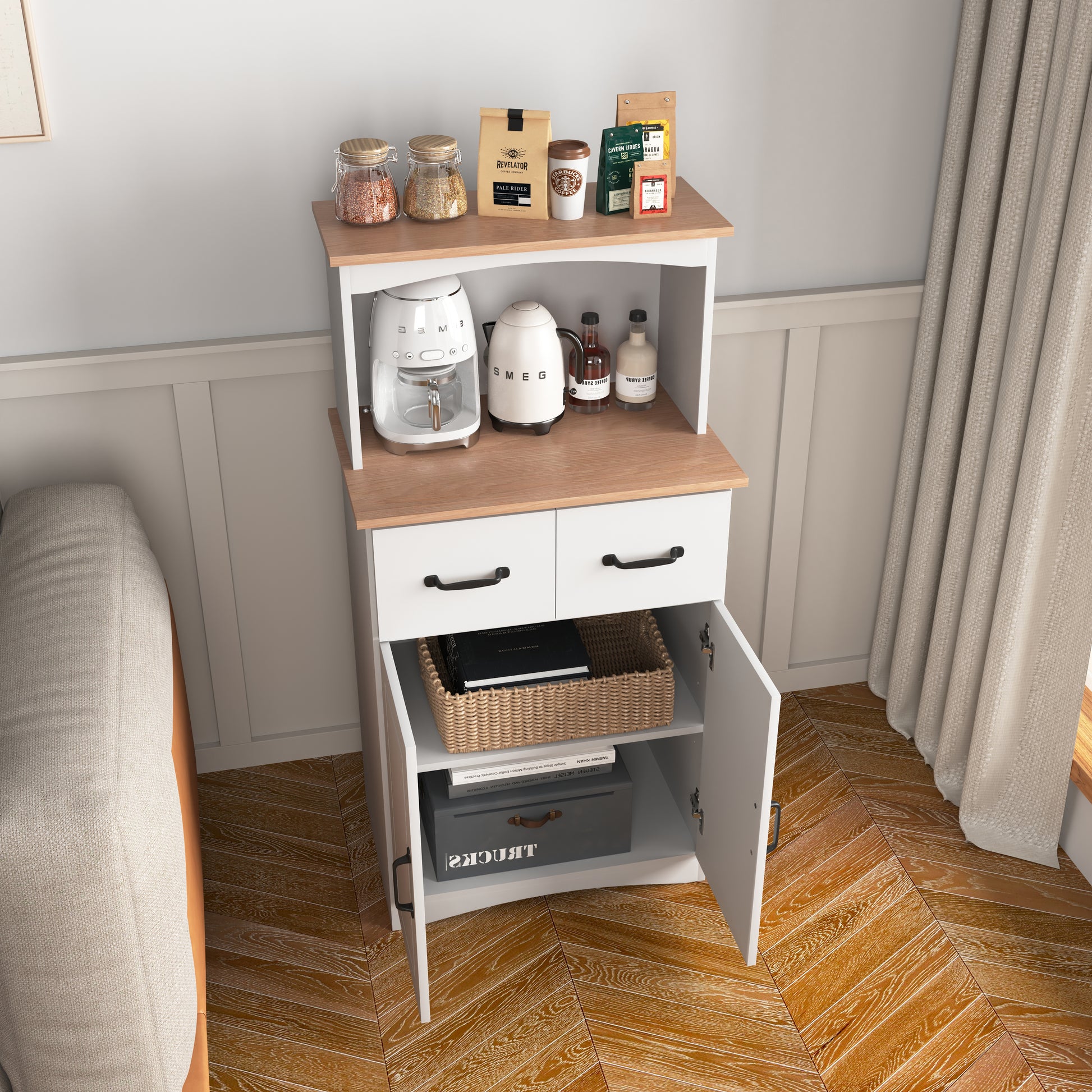 White Kitchen Pantry Cabinet with Microwave Stand - MDF Storage for Dining Room