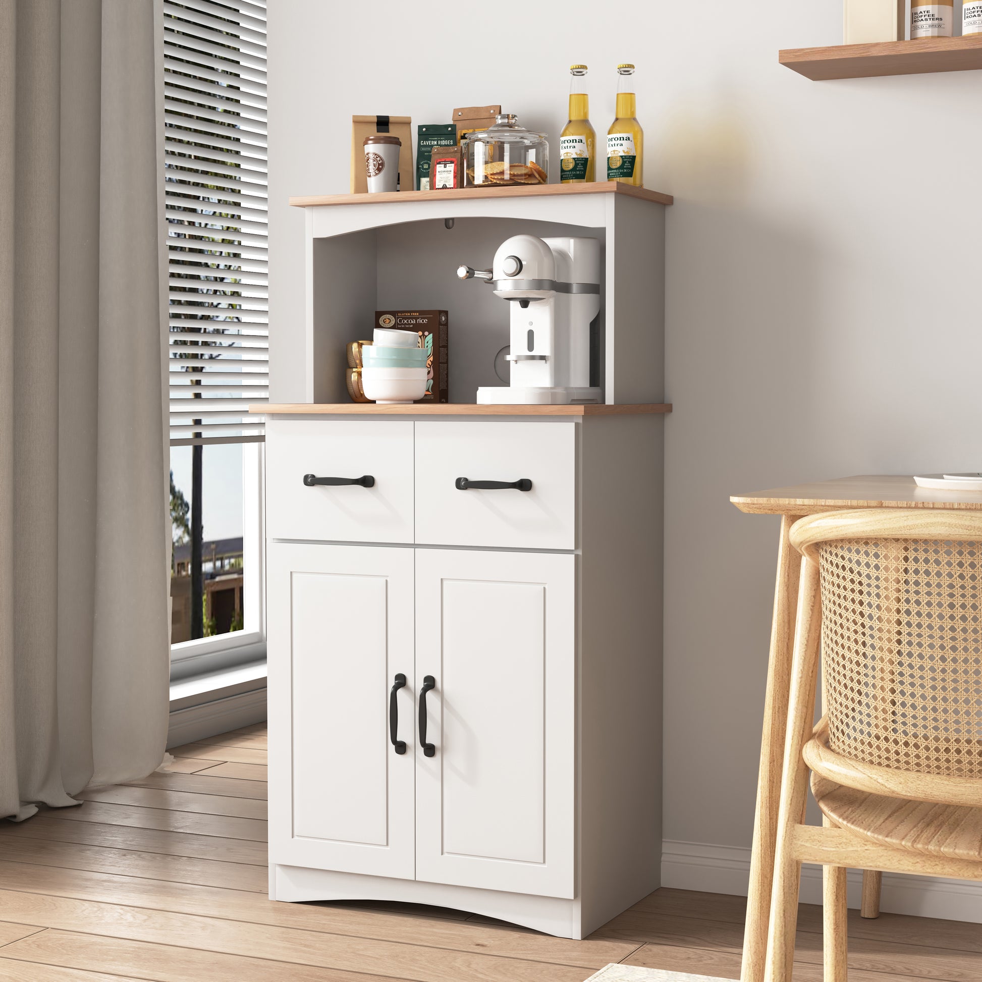 White Kitchen Pantry Cabinet with Microwave Stand - MDF Storage for Dining Room