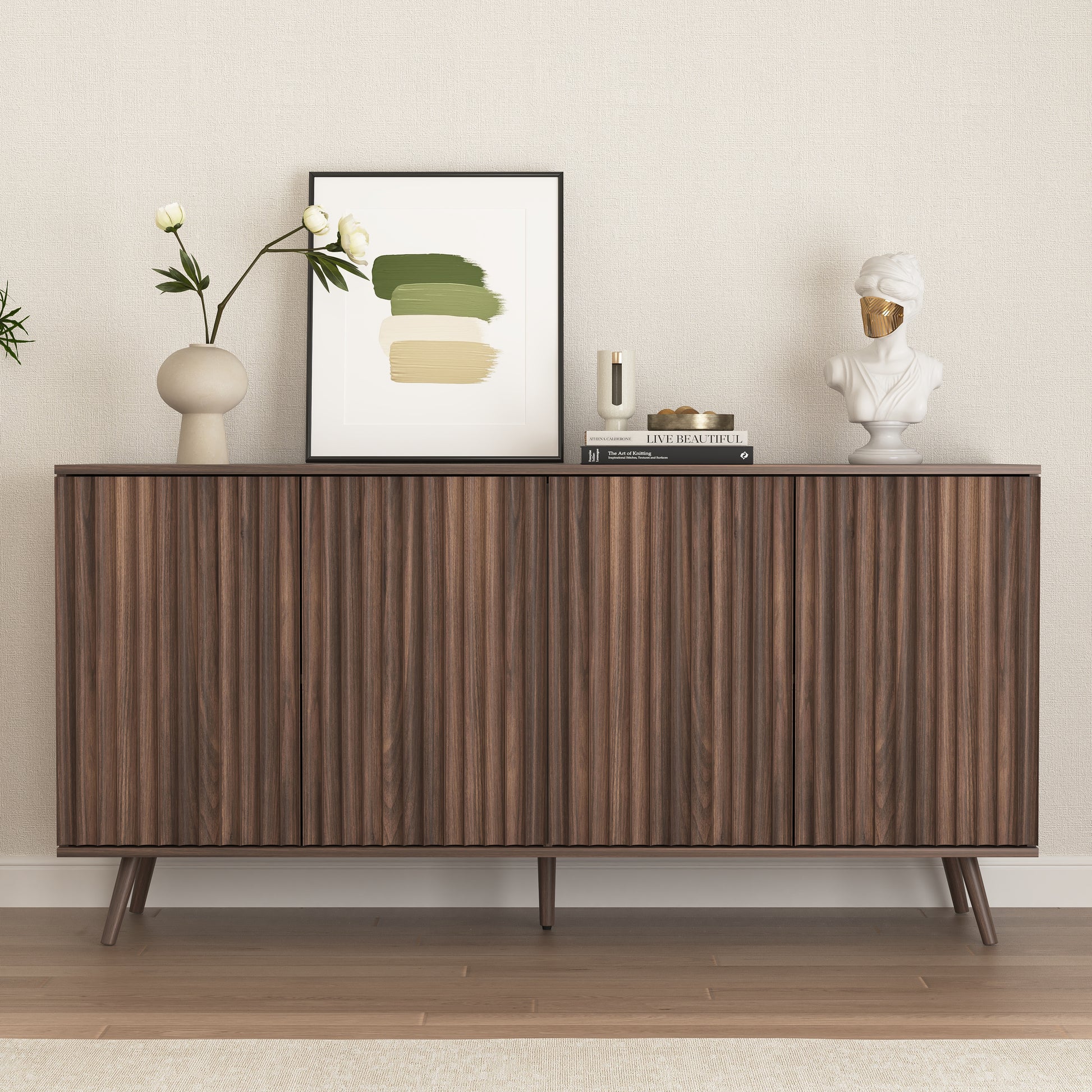 Sideboard Buffet Cabinet with Storage, Long Sideboard Storage Cabinet with 4 Doors, Wood Credenza Console Coffee Bar Cabinets with Adjustable Shelves for Living Room Kitchen Dining Room Walnut