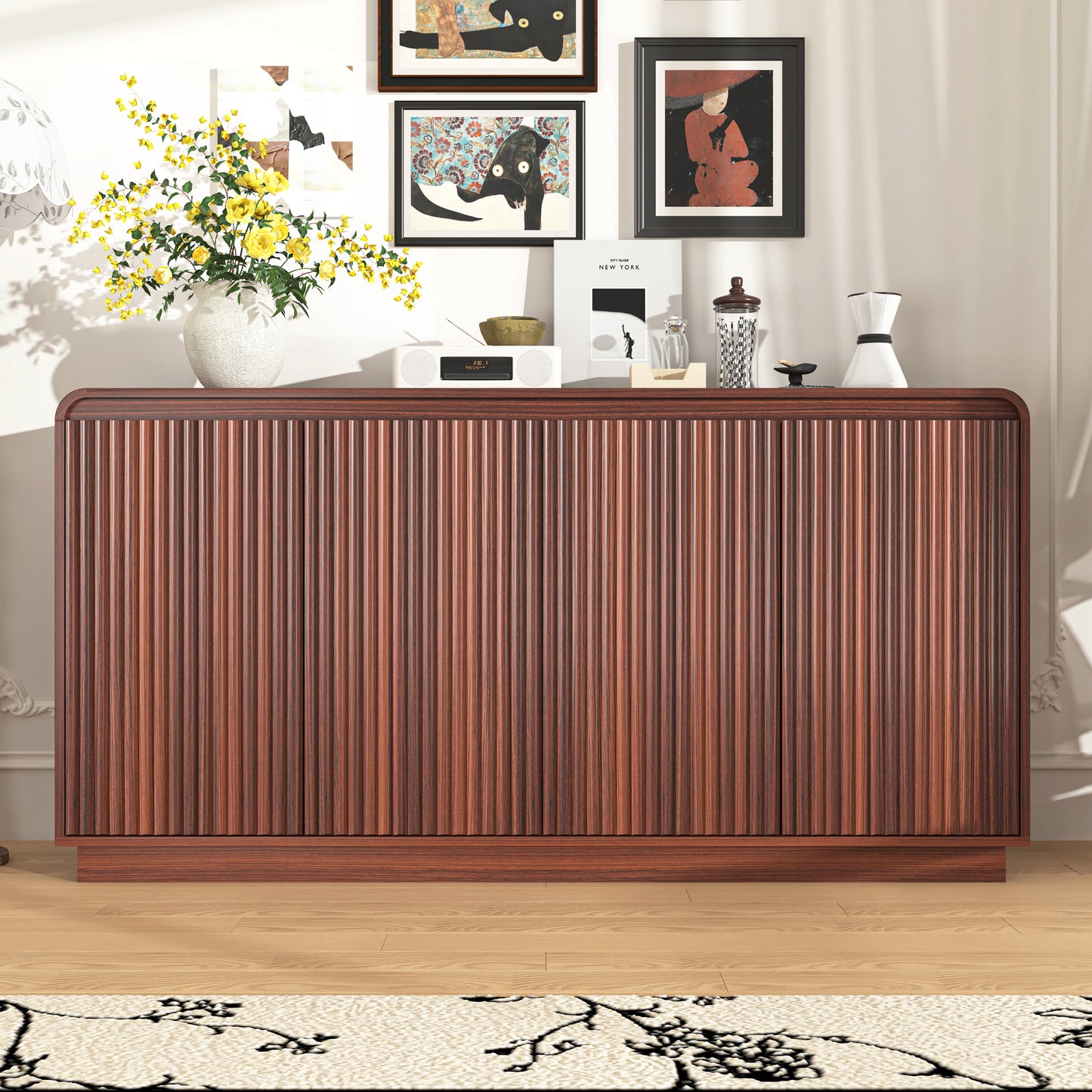 Walnut 4-Door Fluted TV Stand with Power Outlet, Handleless Wave Design Entertainment Center, Adjustable 3-Tier Particle Board Storage Cabinet, Multi-Functional Media Console & Buffet Sideboard