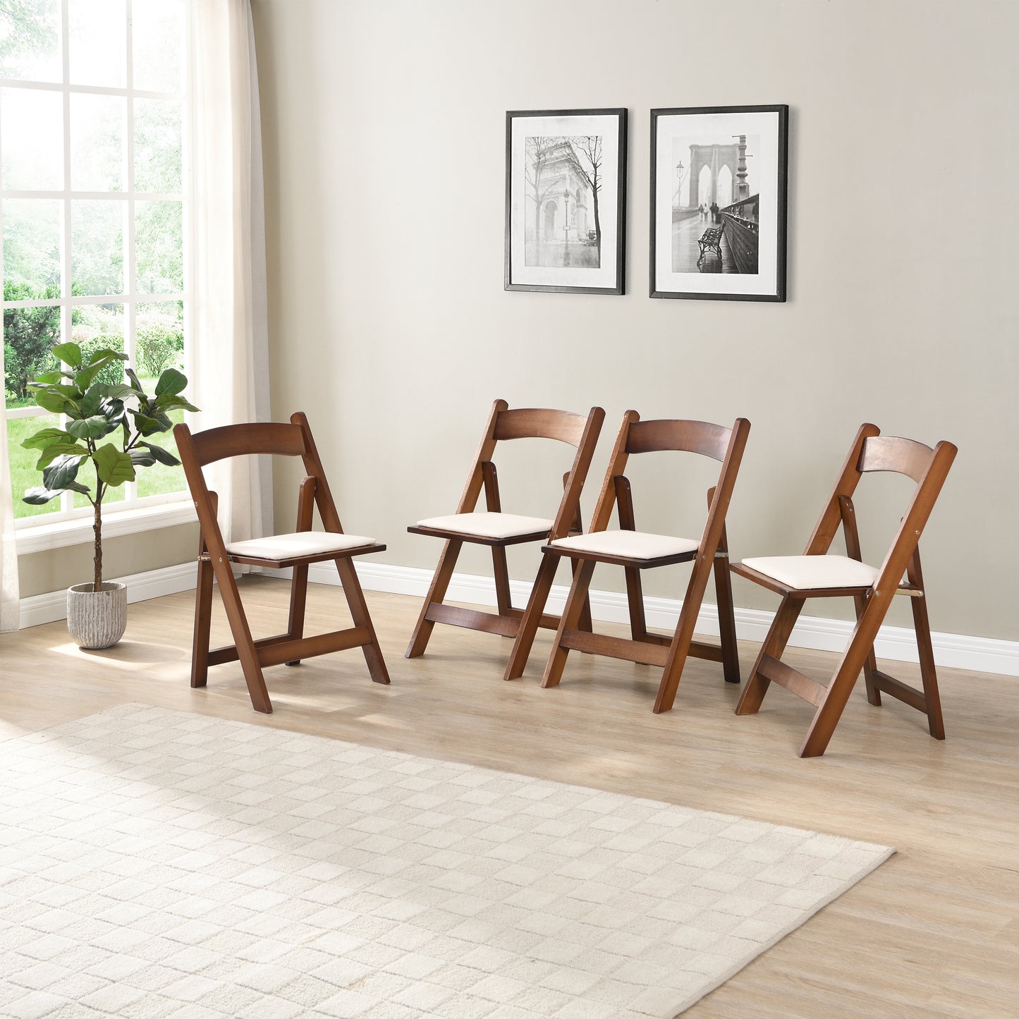 Upholstered folding  chair, space saving, easy to carry, 4PCS, Walnut shelf+Beige cushion,Dining room