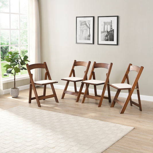 Upholstered folding  chair, space saving, easy to carry, 4PCS, Walnut shelf+Beige cushion,Dining room