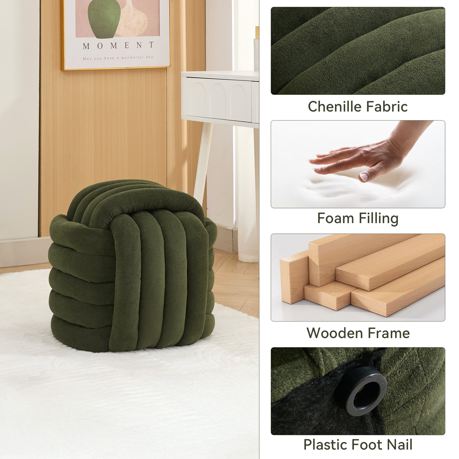 Modern Chenille Ottoman - Comfortable Footstool, Green