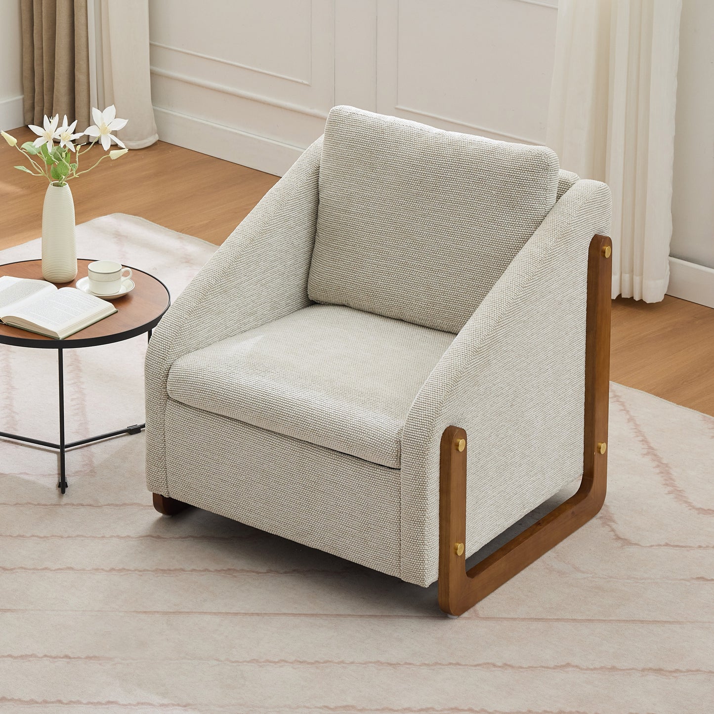 057-Set of 1 Chenille Fabric Modern Upholstered Armchair with Wooden Side Frame , Accent Leisure Chair with Cushioned Seat and Backrest for Living Room, Bedroom,Beige