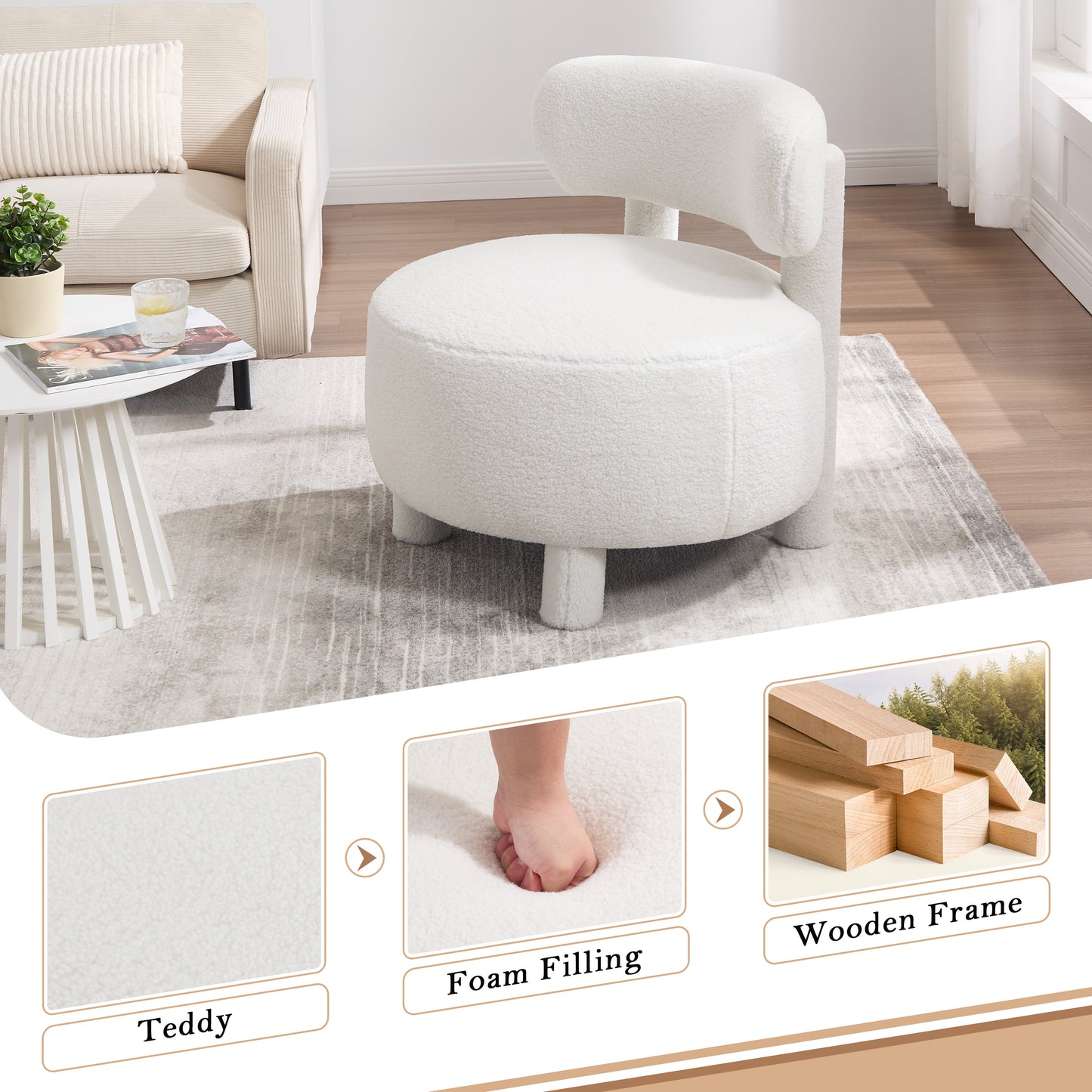 White Teddy Accent Chair - Curved Backrest, Solid Wood Legs for Living Room