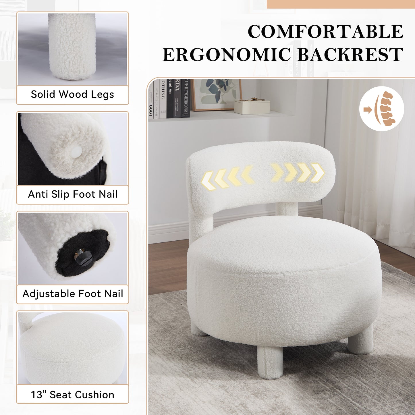 White Teddy Accent Chair - Curved Backrest, Solid Wood Legs for Living Room