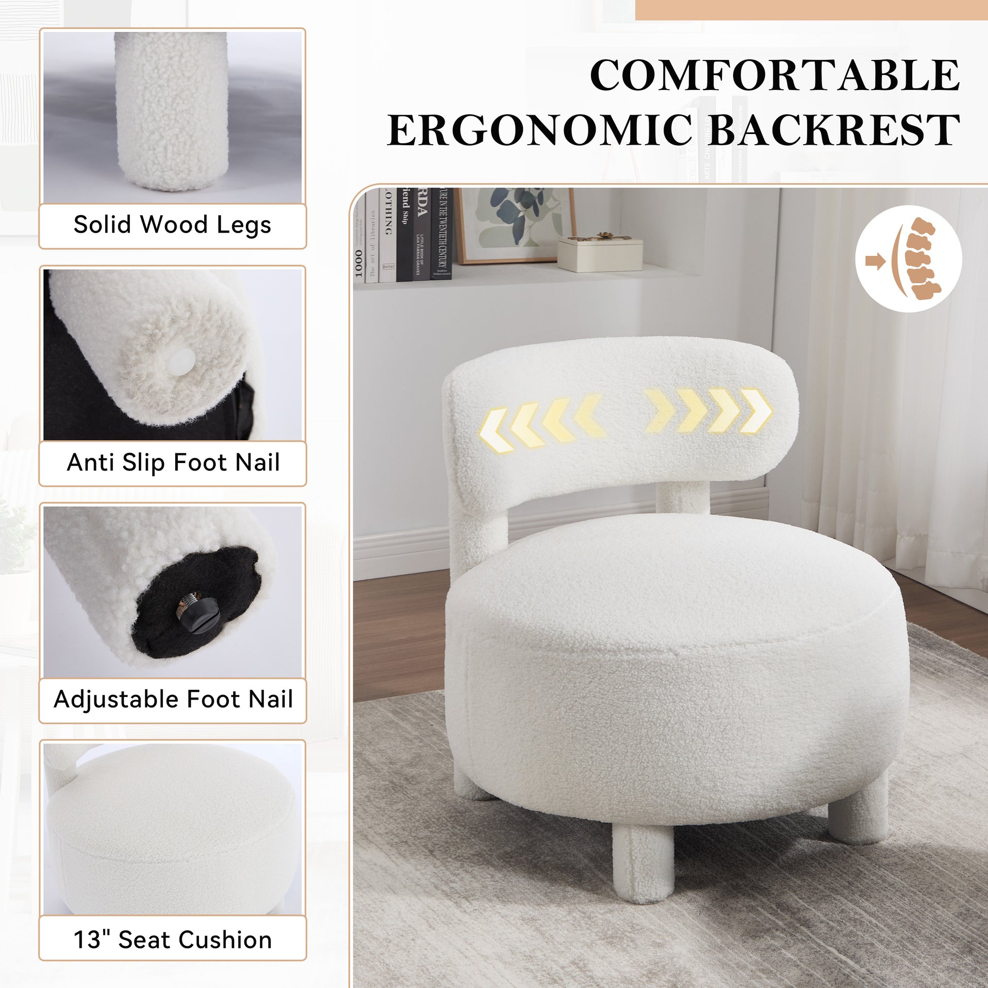 White Teddy Accent Chair - Curved Backrest, Solid Wood Legs for Living Room