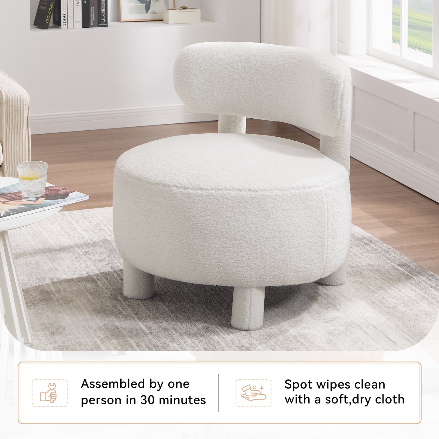 White Teddy Accent Chair - Curved Backrest, Solid Wood Legs for Living Room