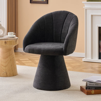 068-Chenille Fabric Swivel Accent Armchair, Comfy Vanity Chair With Curved Backrest, Upholstered Dining Chair With High Cylindrical Base,Gray