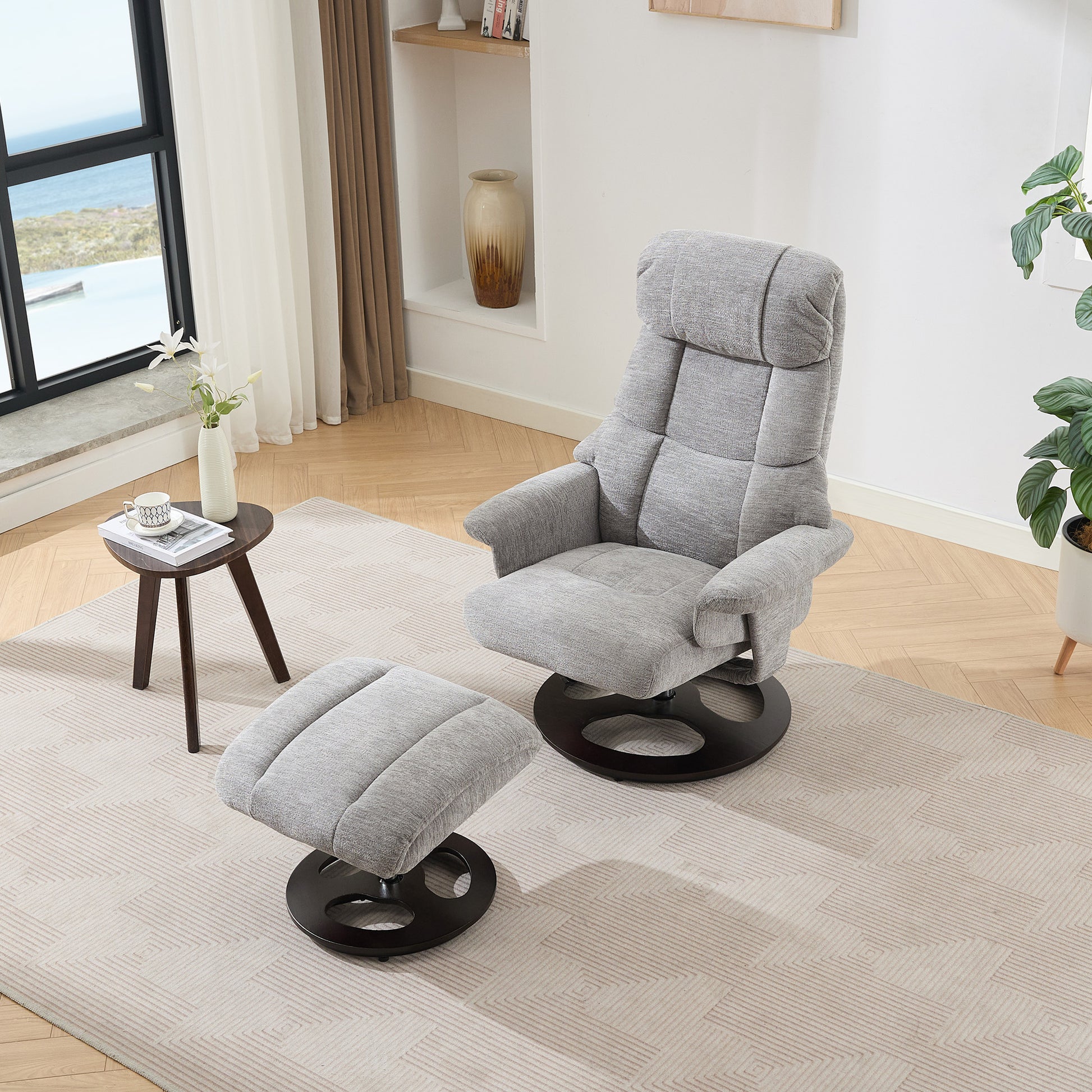 069DR-Ergonomic Recliner Chair with Ottoman, Modern 360° Swivel Lounge Chair with Footstool, Chenille Fabric, 5 Point Vibration Massage, Seat Heating & 140° Adjustable Backrest for Home office, Grey