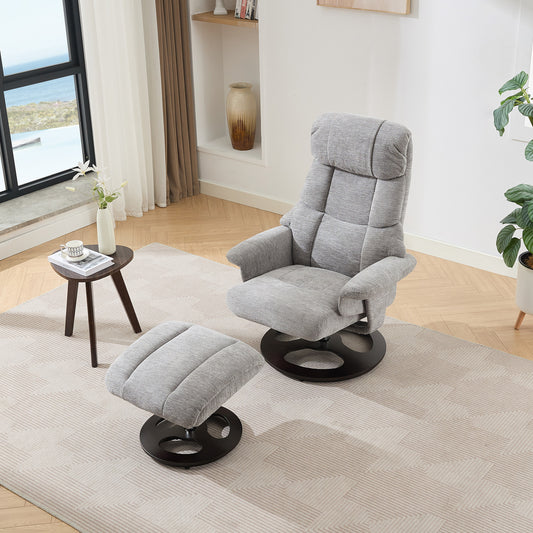 069DR-Ergonomic Recliner Chair with Ottoman, Modern 360° Swivel Lounge Chair with Footstool, Chenille Fabric, 5 Point Vibration Massage, Seat Heating & 140° Adjustable Backrest for Home office, Grey