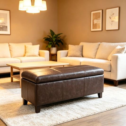 50.25 inch Wide Contemporary Rectangle Storage Ottoman Bench in Distressed Brown Vegan Faux Leather, Assembled, for the Living Room, Entryway and Family Room