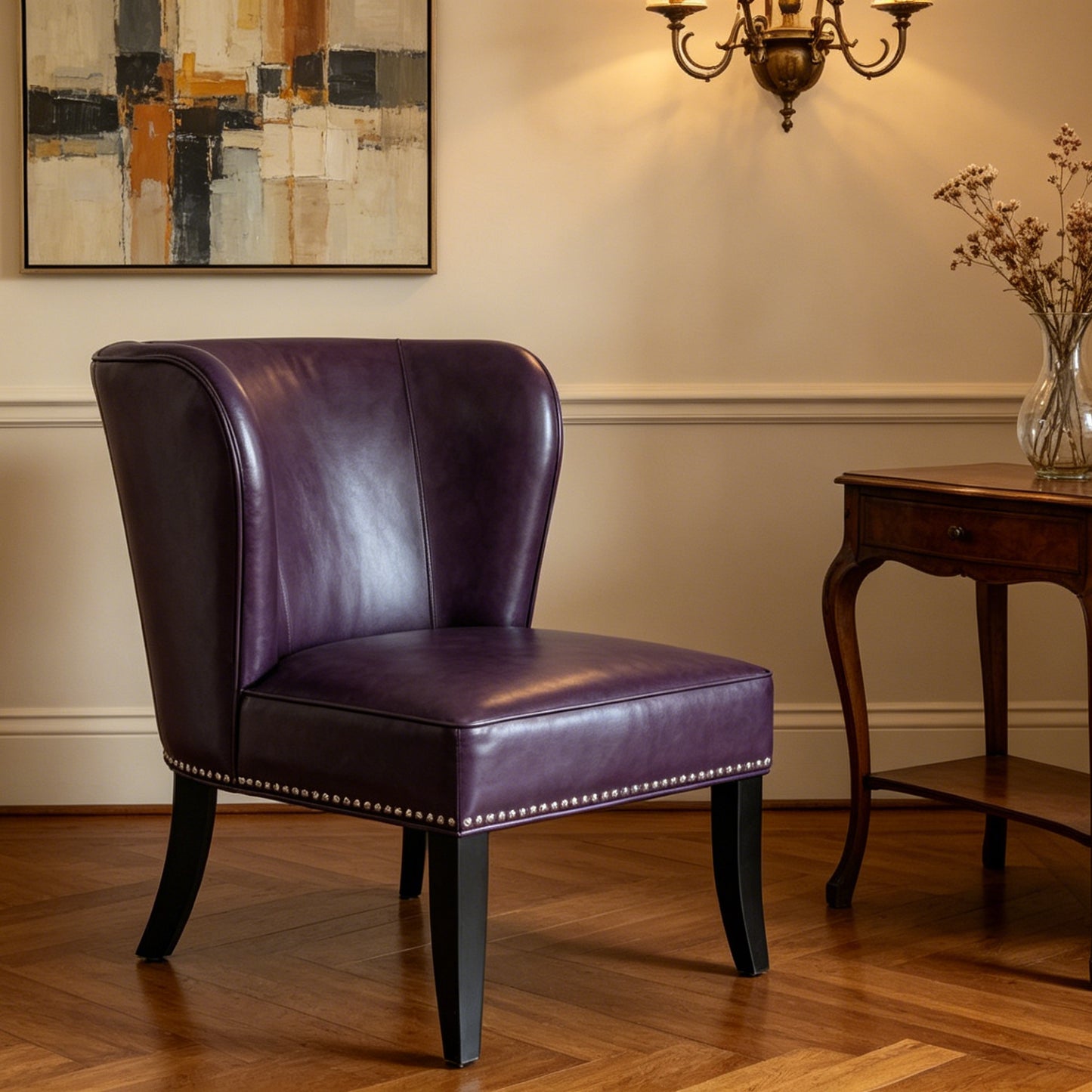 25.6 "x27.2" x32.8 " PU Leather Accent Chair, Living Room Lounge Sofa Chair with Rivet Trim for Bedroom Home Reception (Purple)