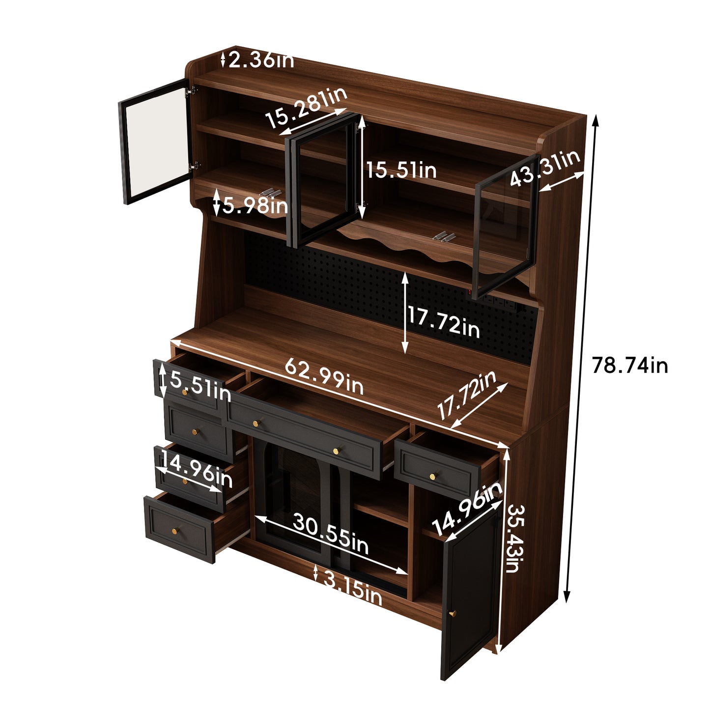63'' W Buffet Storage Cabinet with Hutch - Brown Black