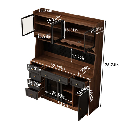 63'' W Buffet Storage Cabinet with Hutch - Brown Black