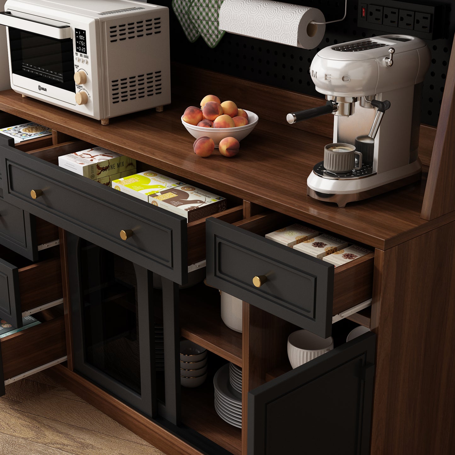 63'' W Buffet Storage Cabinet with Hutch - Brown Black