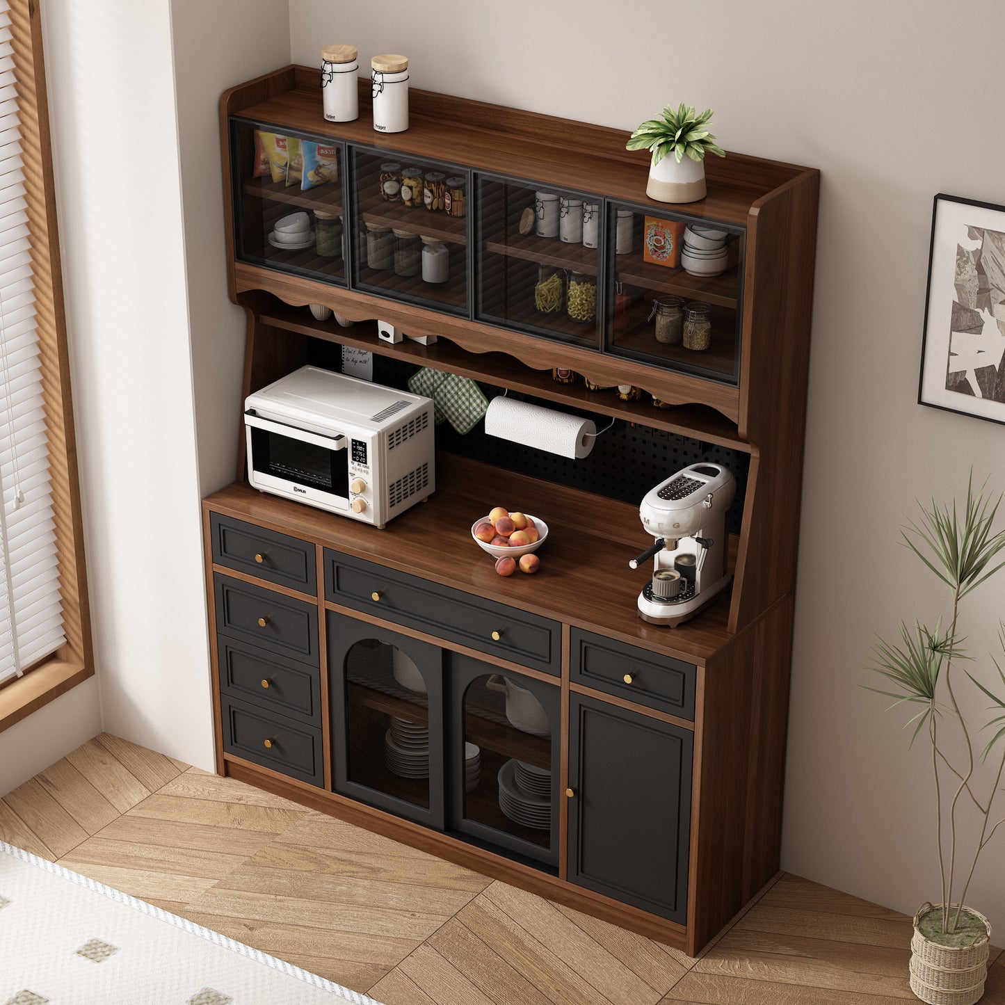 63'' W Buffet Storage Cabinet with Hutch - Brown Black
