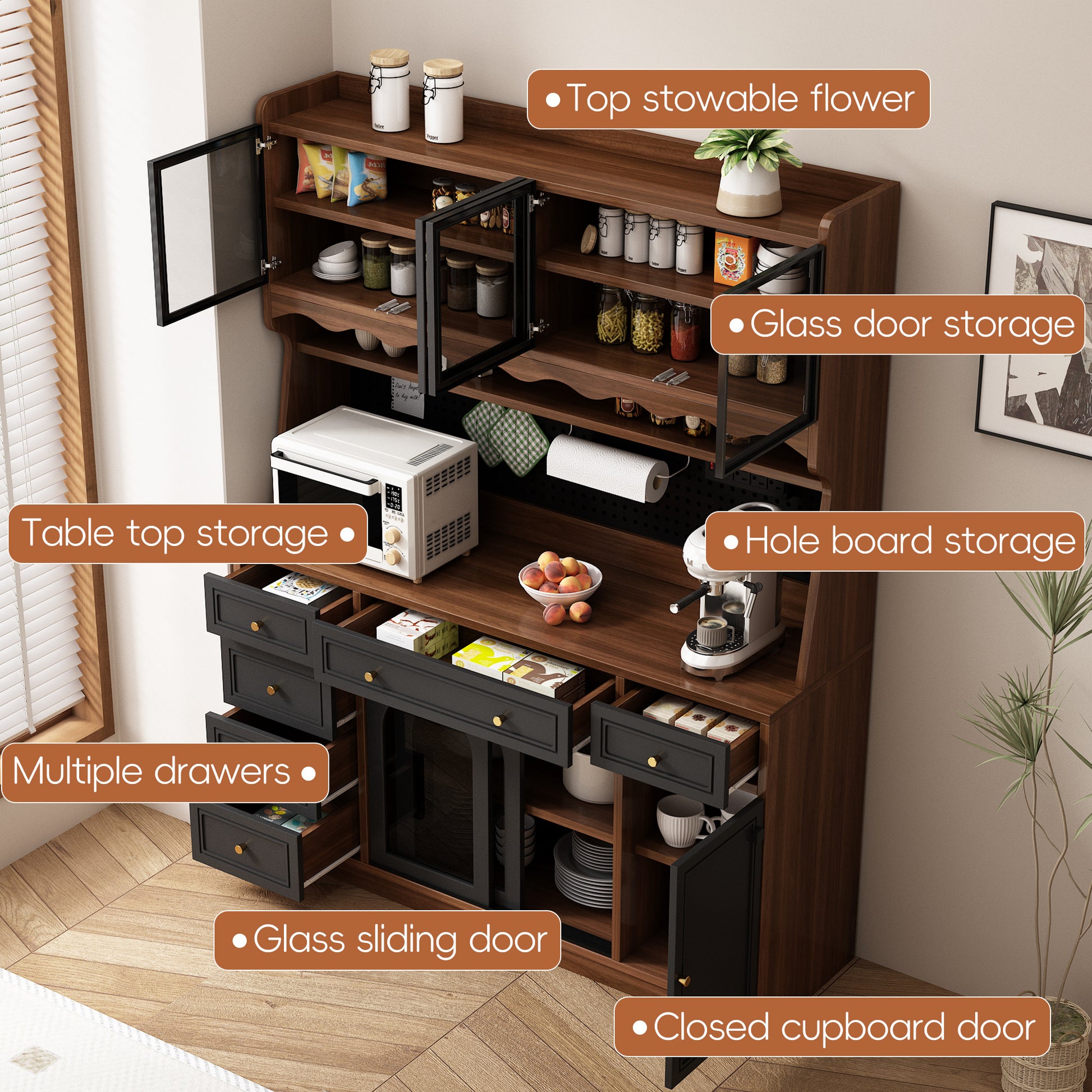 63'' W Buffet Storage Cabinet with Hutch - Brown Black