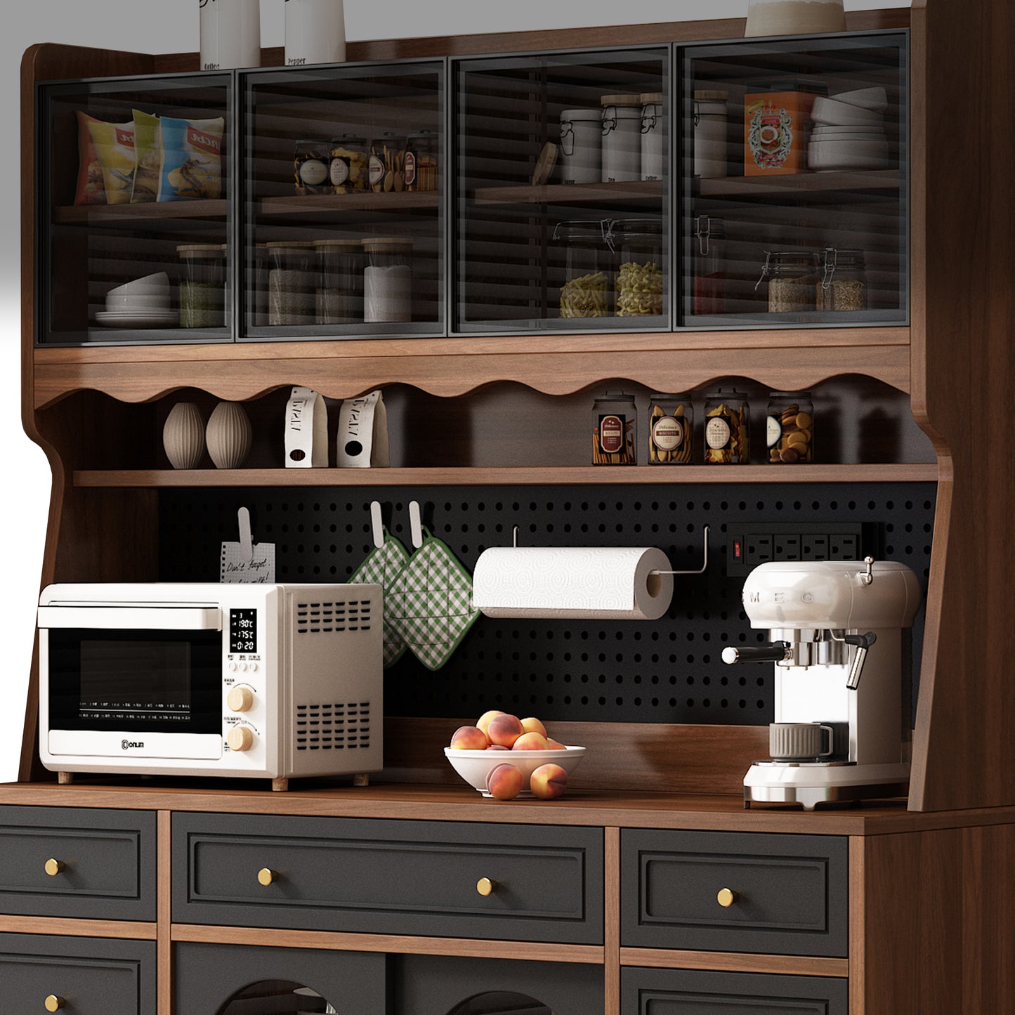 63'' W Buffet Storage Cabinet with Hutch - Brown Black