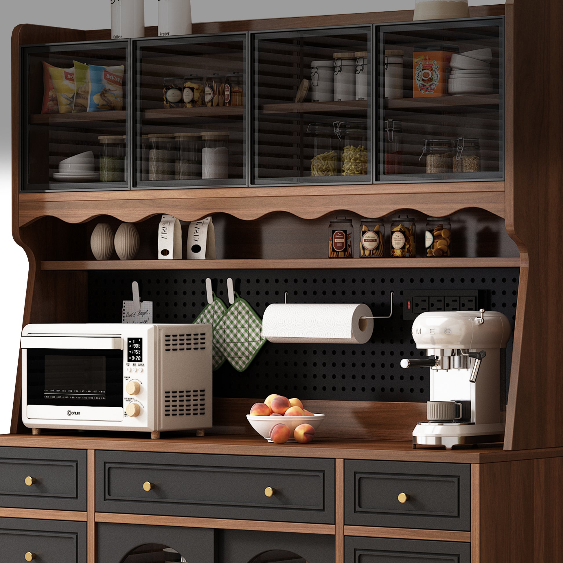 63'' W Buffet Storage Cabinet with Hutch - Brown Black