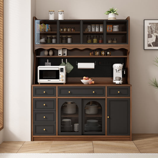 Freestanding 63'' W Buffet Storage Cabinet with Hutch,Large Coffee Bar with 6 Drawers,4 Cabinets with Adjustable Shelves,Pegboard, Power Outlet
