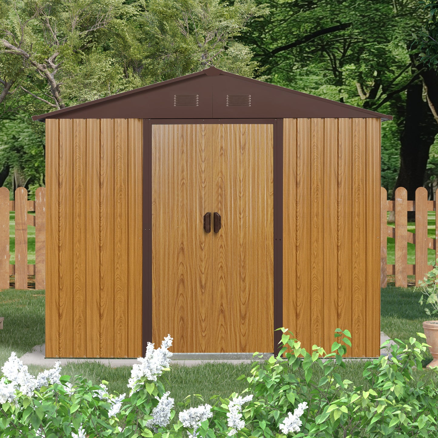 8ft x 4ft Outdoor Metal Storage Shed with Sliding Door and foundation for Backyard, Patio, Lawn  (Coffee)