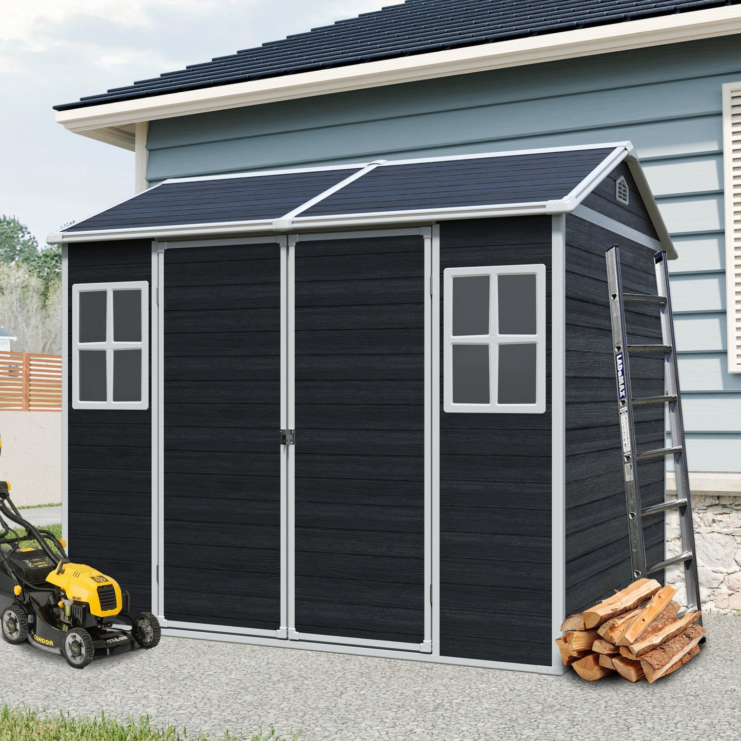 8 x 6ft  Resin Outdoor Storage Shed Waterproof Shed with Floor & Two Windows & Lockable Door, Tool Shed for Garden, Patio, Backyard ,Black