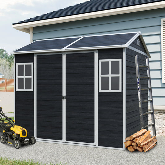 8 x 6ft  Resin Outdoor Storage Shed Waterproof Shed with Floor & Two Windows & Lockable Door, Tool Shed for Garden, Patio, Backyard ,Black