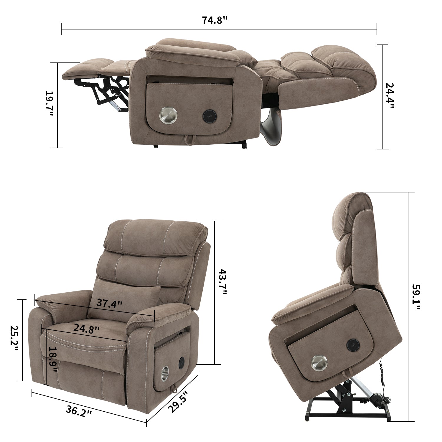 180 Degree Beige Brown Velvet Recliner - Large Lift Chair