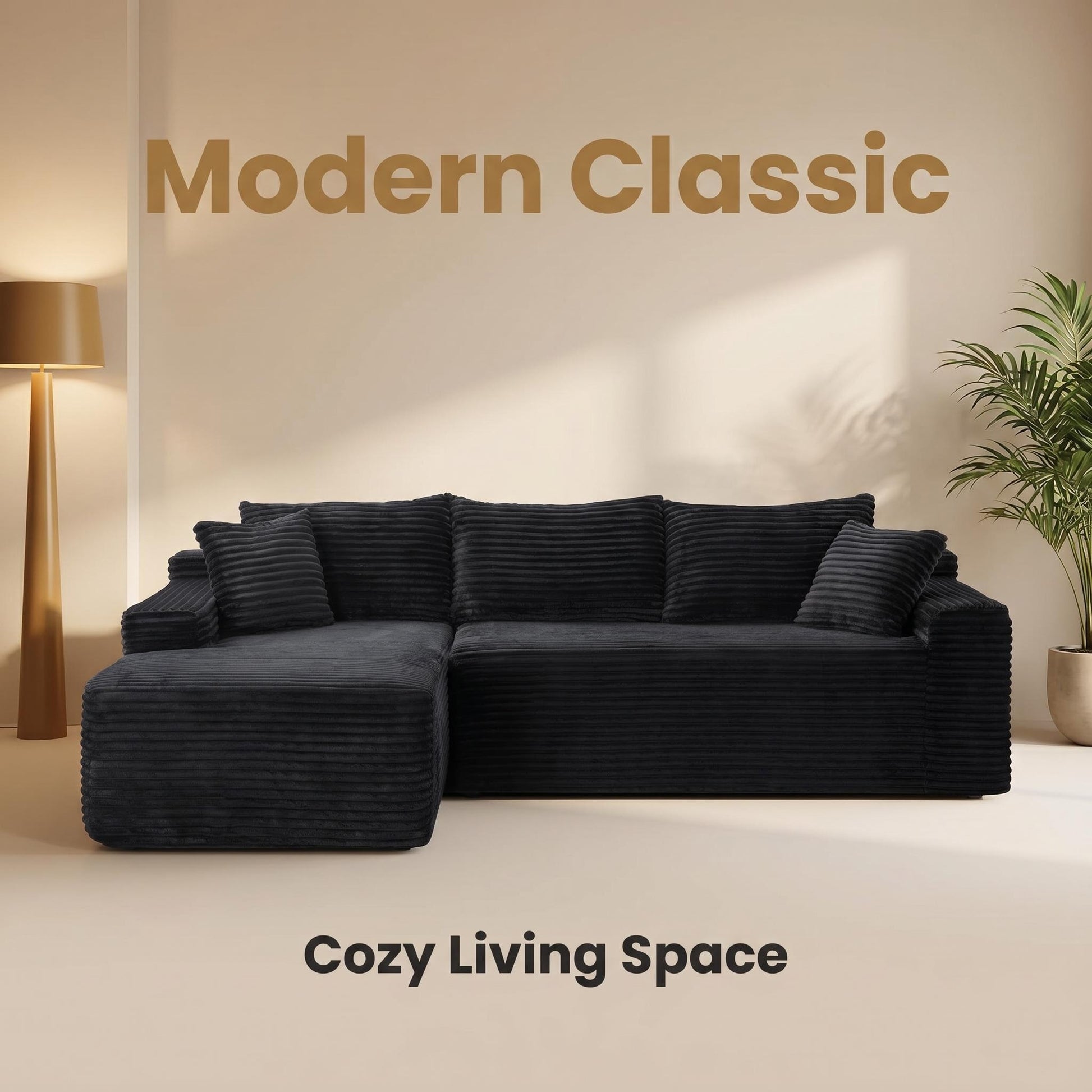 94.5" Black Corduroy L-Sectional Sofa with Reversible Chaise for Living Room