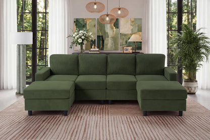 98.8" Oversized U-Shaped Sectional Couch, Corduroy Upholstered 4-Seat Double Chaise Sofa with Sturdy Legs & Thick Padding, Modular Corner Sofa for Living Room, Family Room