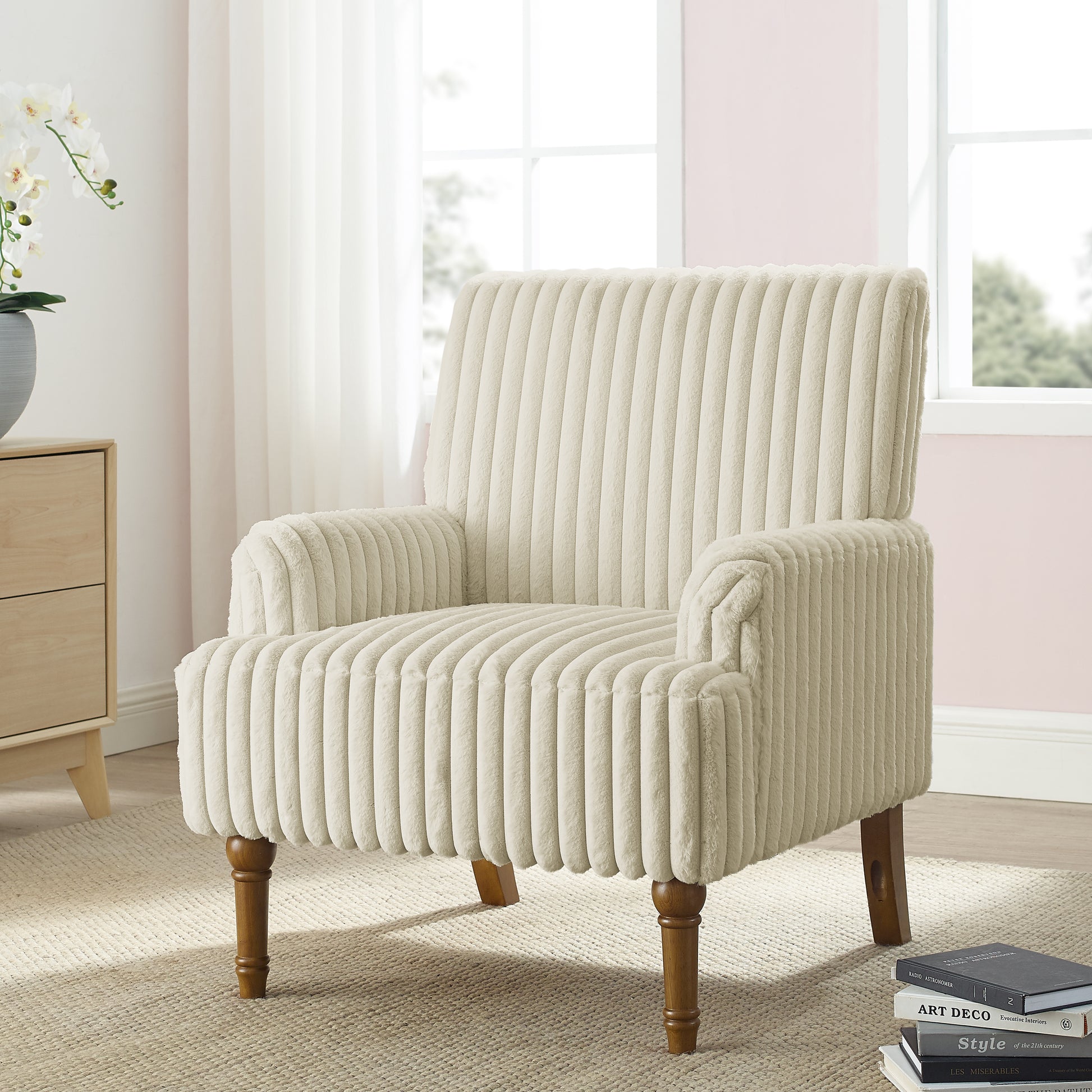 Modern Accent Chair with 3.5cmW Wide Wale Corduroy, 9" Solid Wood Legs, Comfortable Upholstered Armchair in Beige for Living Room