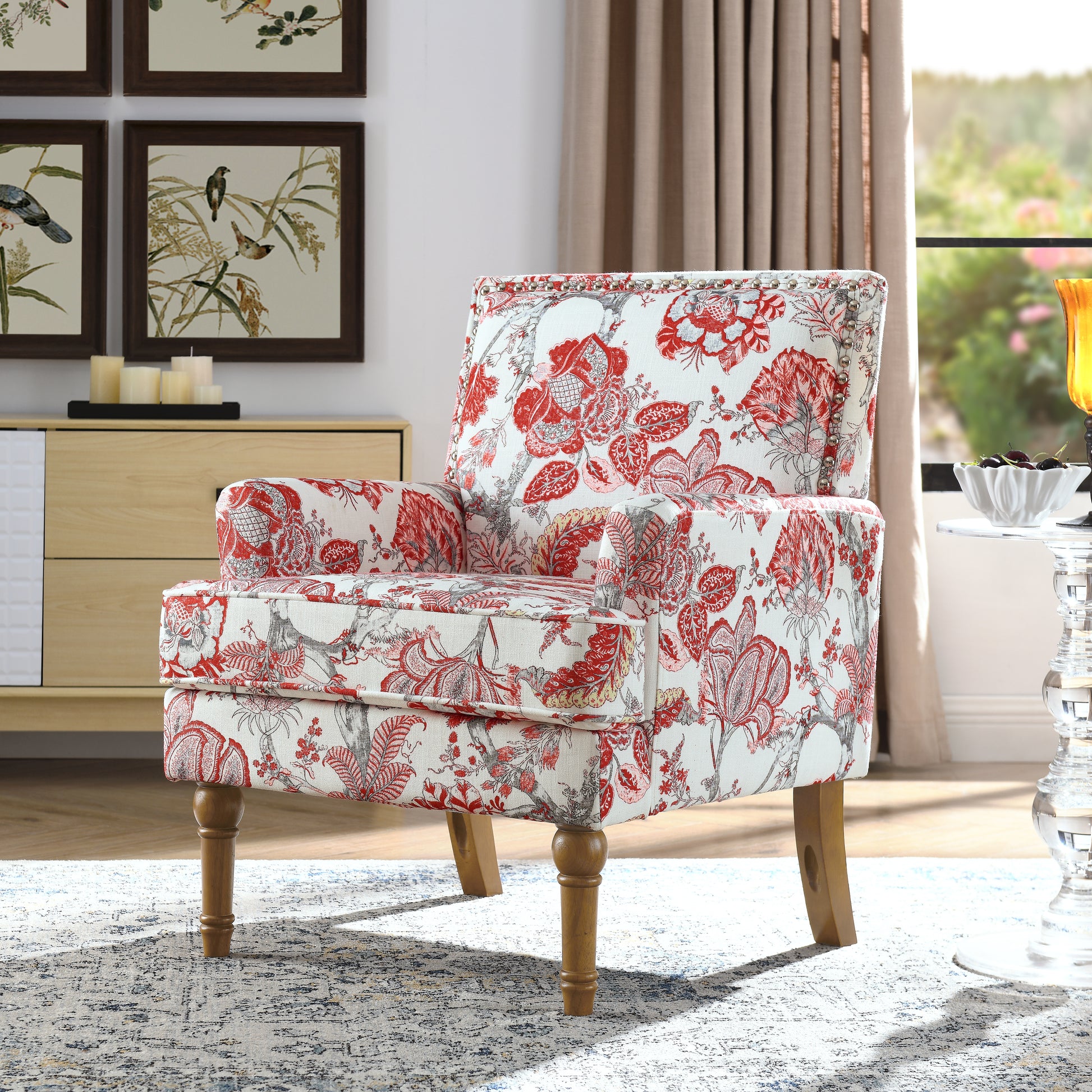 Accent Chair, Floral Armchair, Nailhead Trim, Red and white Decor, Solid Wood Legs, Farmhouse Furniture, Upholstered Slipper Chair, Side Chair, Traditional Print, Wayfair Living Room.
