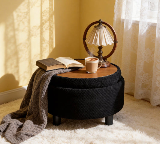 25Inch Round Storage Ottoman with Tray, ModernTufted Fabric Circle Coffee Table with Storage, Upholstered  Ottoman with Removable Top for Living Room, Bedroom,Black