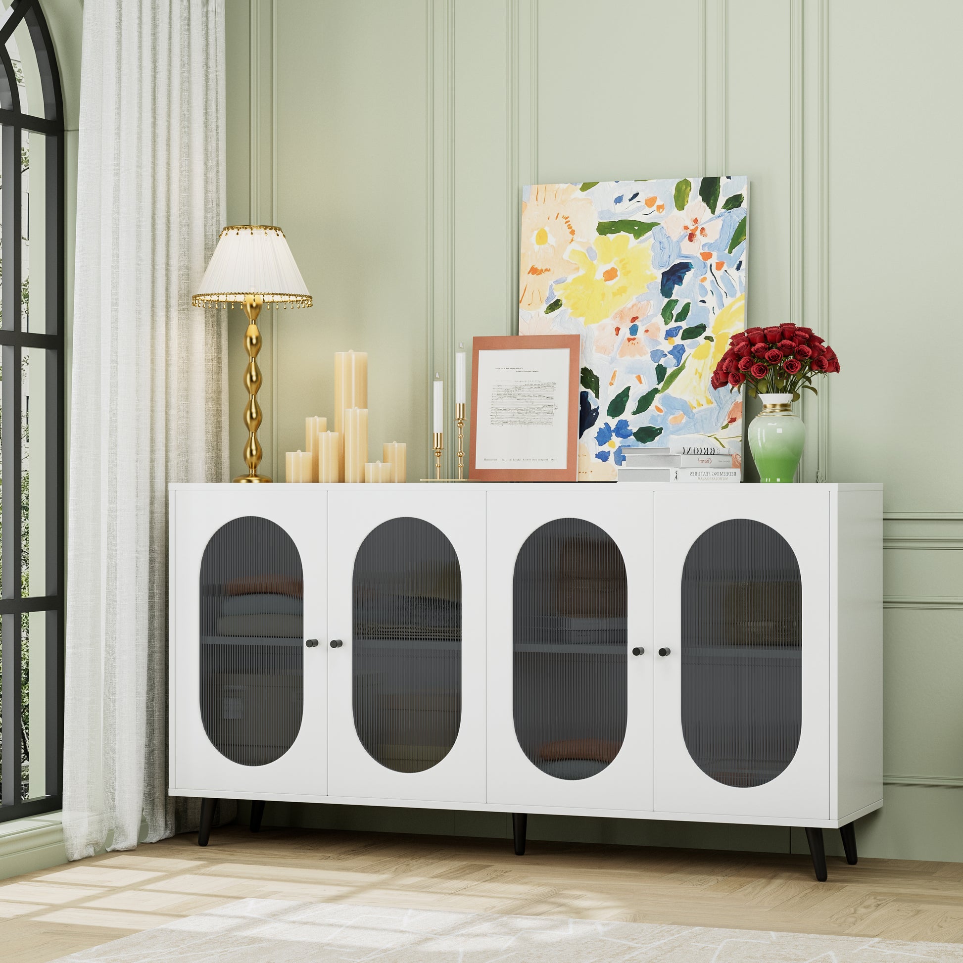 60" White MDF Buffet Cabinet with Storage Doors