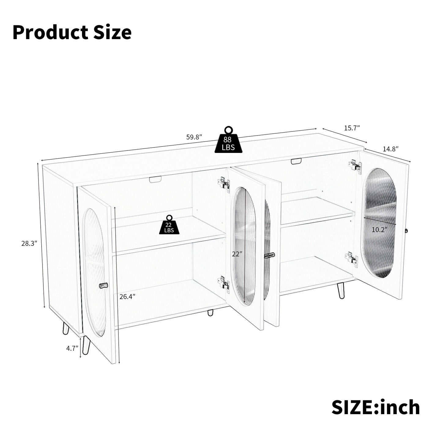 60" White MDF Buffet Cabinet with Storage Doors