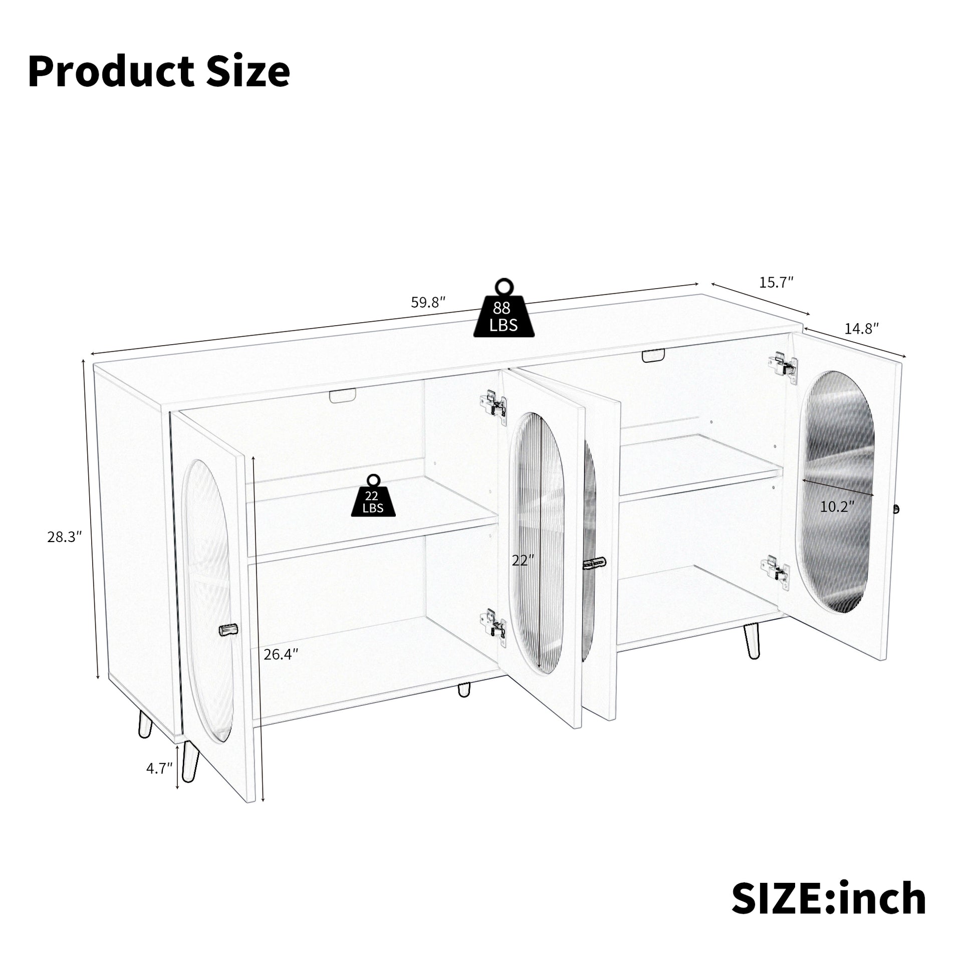 60" White MDF Buffet Cabinet with Storage Doors